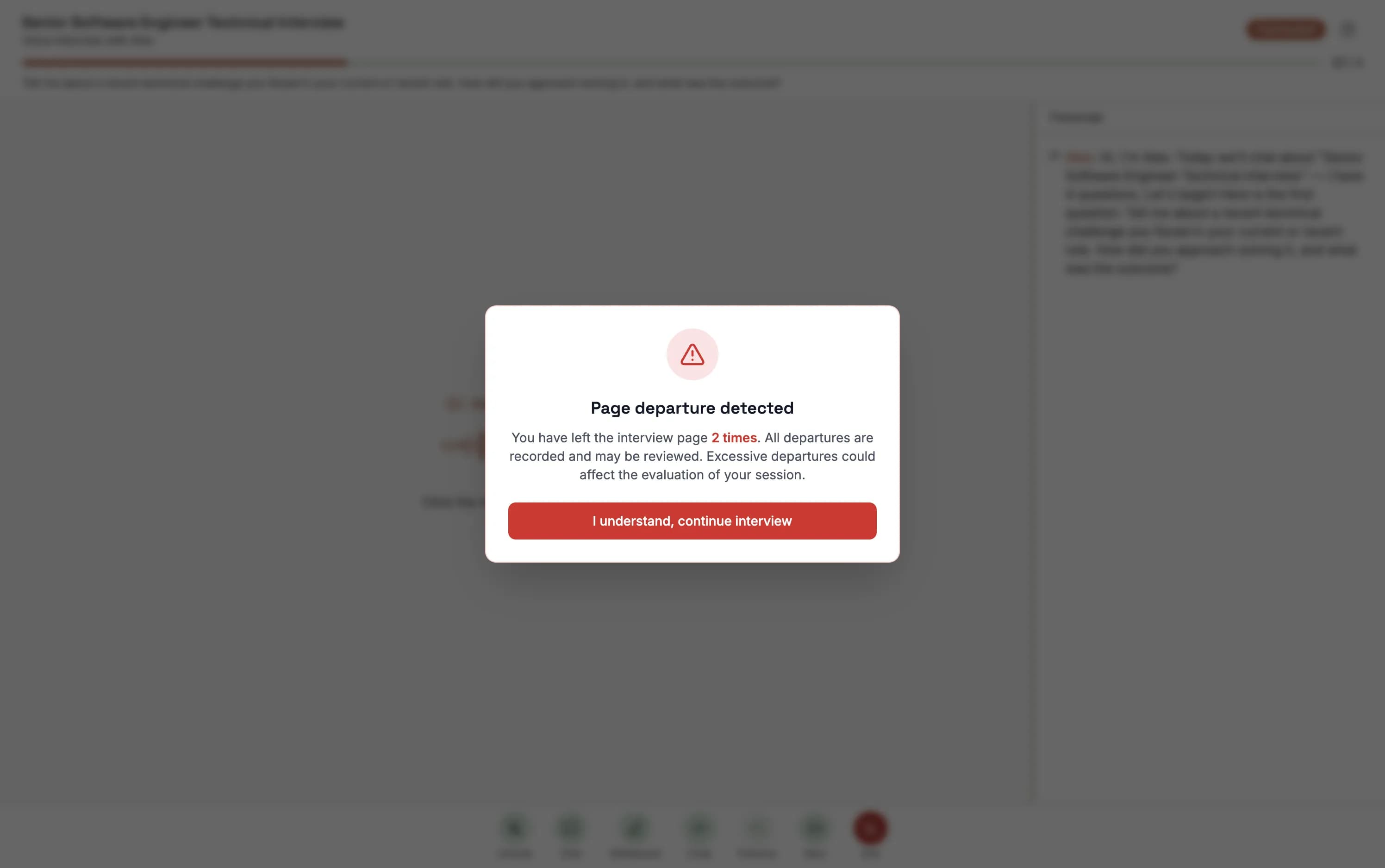 Page departure dialog showing the number of departures and a warning about reaching the maximum allowed count