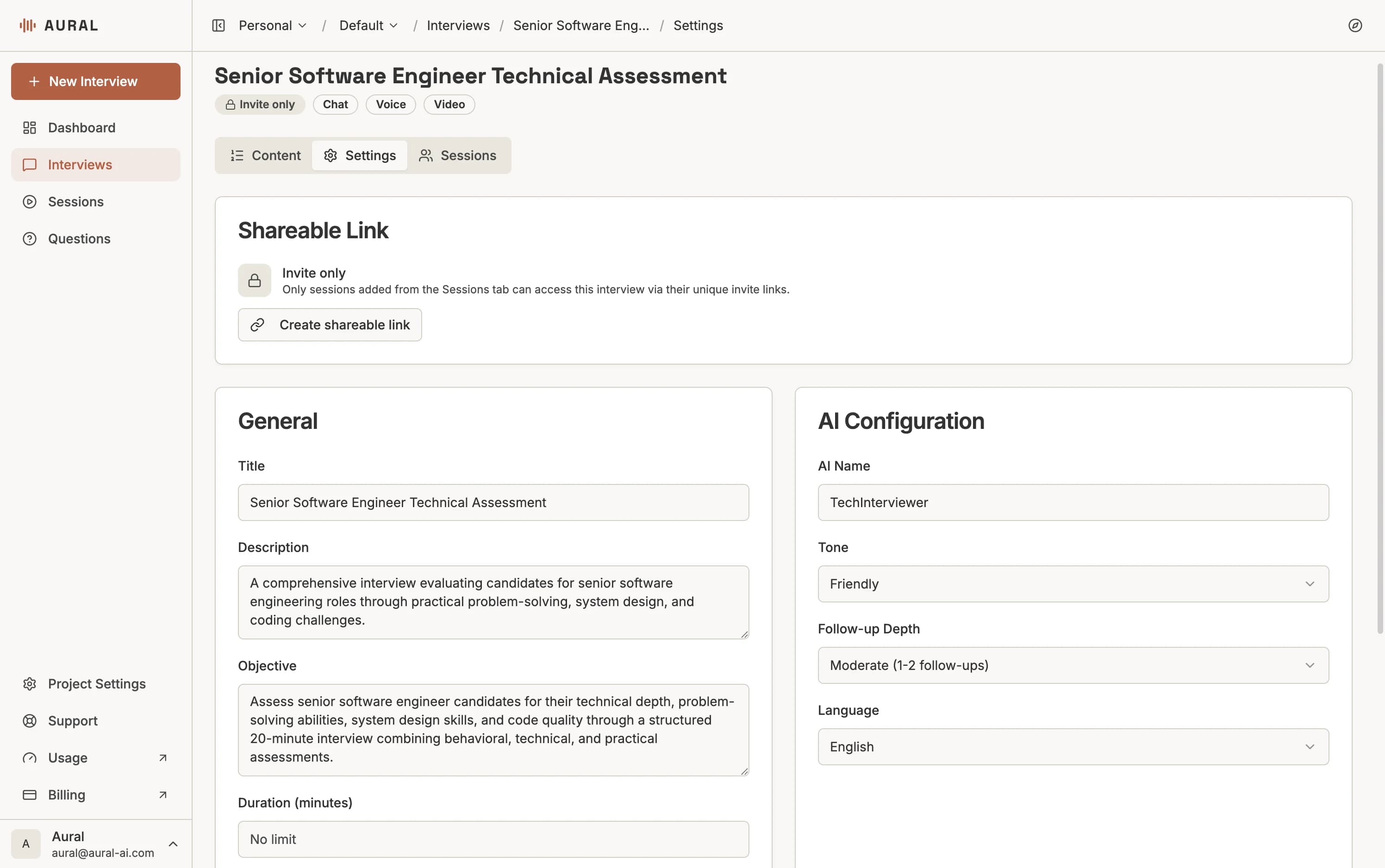 Settings tab showing Shareable Link, General, and AI Configuration sections