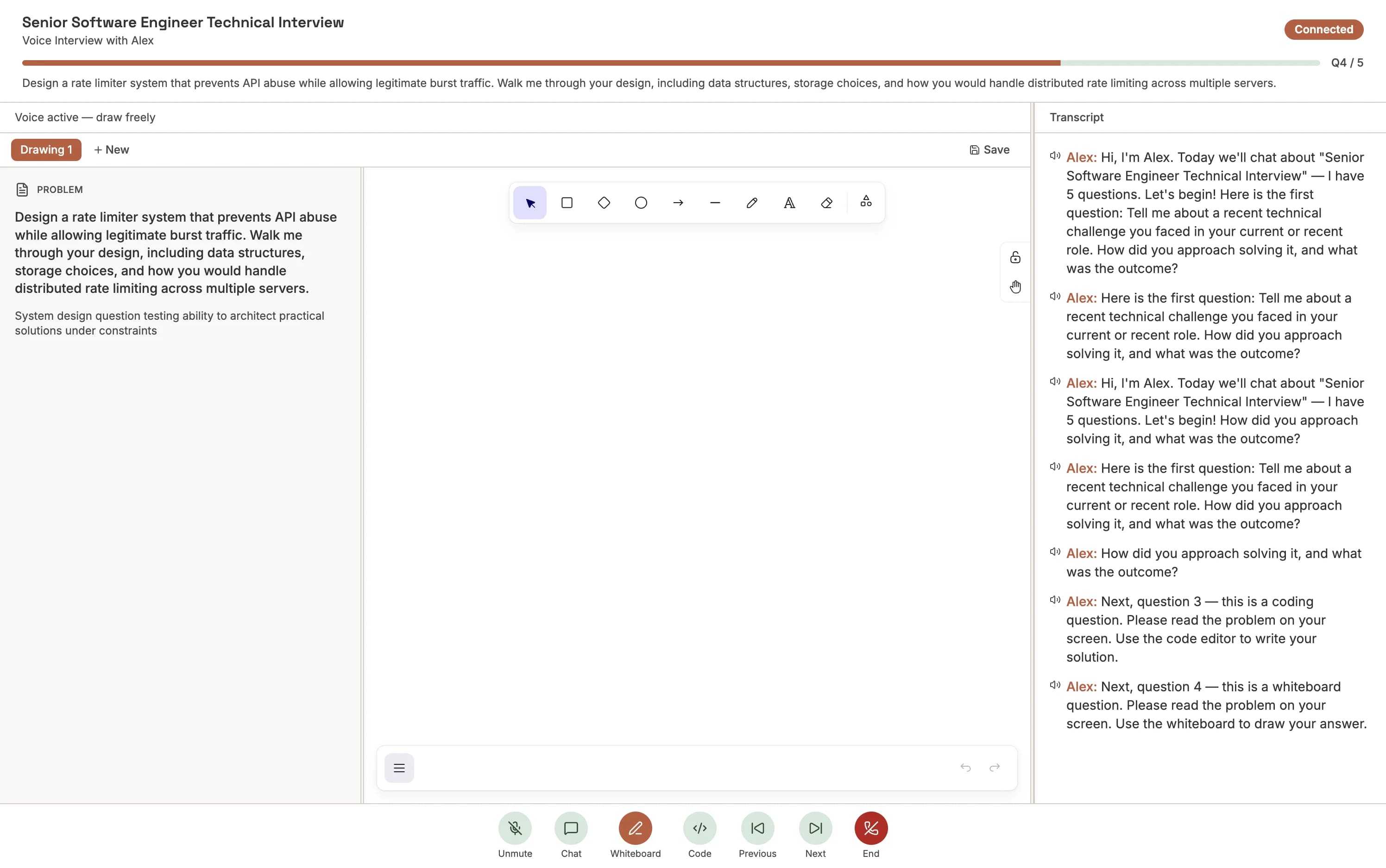 Whiteboard question screen — Excalidraw canvas with architecture diagram and transcript panel