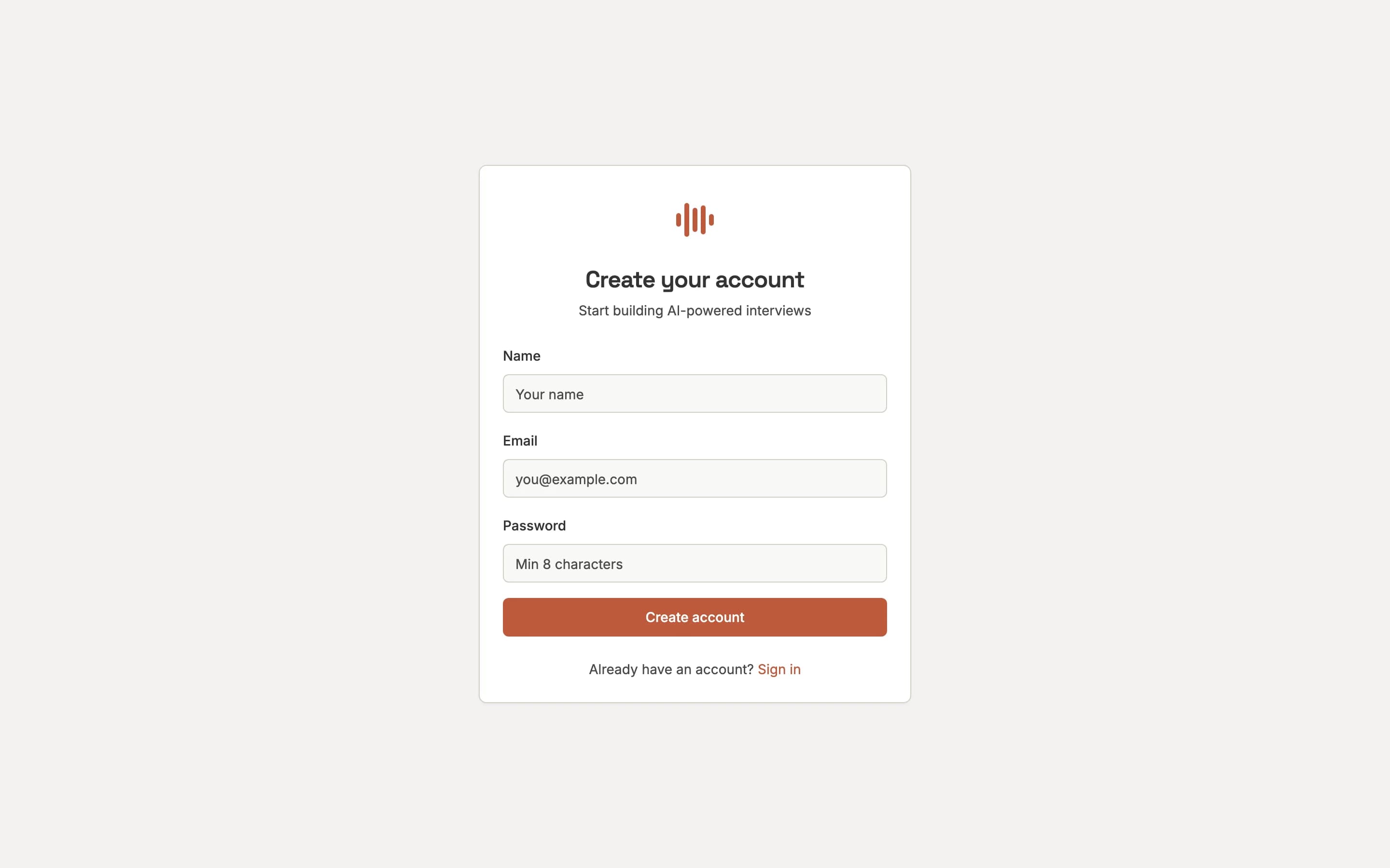 Registration page with name, email, and password fields